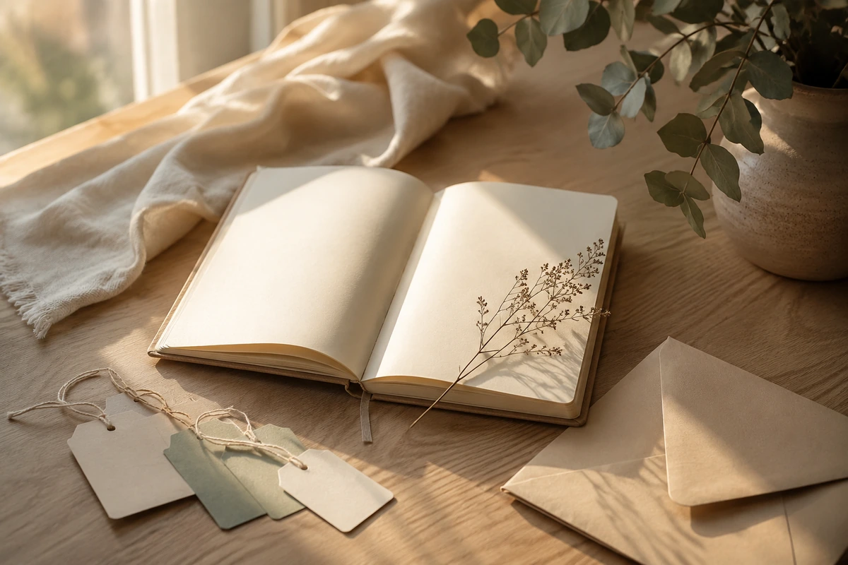 etiquetas de papel y libreta abierta como símbolo de identidad y nombre propio