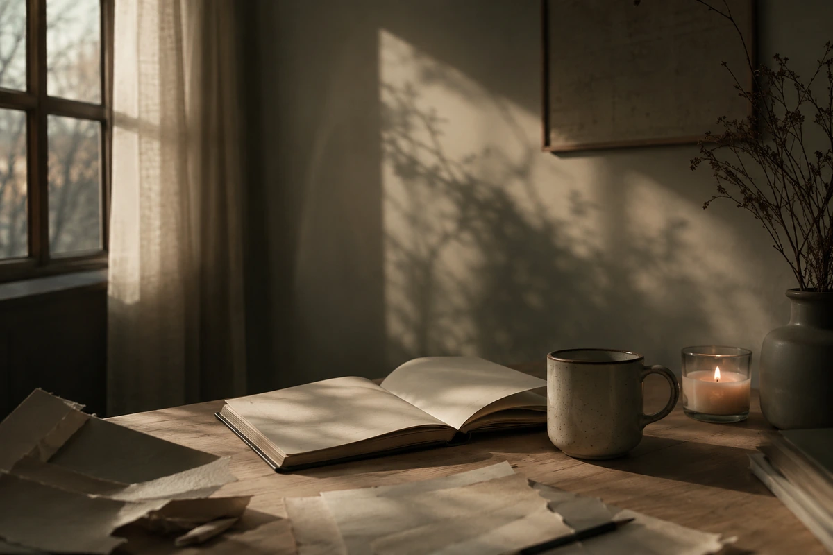 libreta abierta y taza junto a una ventana como símbolo de miedo interior y escucha silenciosa