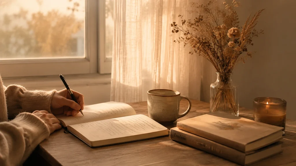 Manos escribiendo en un cuaderno junto a una ventana con luz cálida, imagen simbólica de escritura introspectiva.