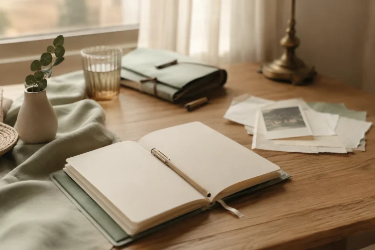 Cuaderno abierto junto a una fotografía antigua como símbolo de no soy la misma persona de antes y otros siguen mirando tu versión anterior.