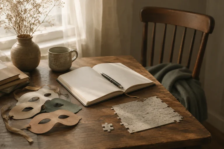 Cuaderno abierto junto a máscaras de papel y piezas de puzle como símbolo de sentir que no encajo y fingir para ser aceptada