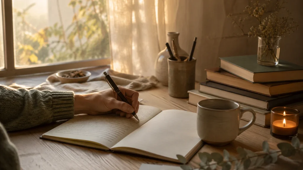 Mesa de escritura con cuaderno y luz cálida junto a la ventana como símbolo del universo de Wen D.G