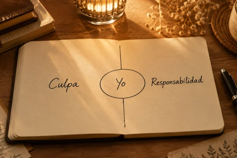 libreta abierta con un esquema visual sobre culpa y responsabilidad, con una línea central y un círculo en medio que representa el punto de equilibrio