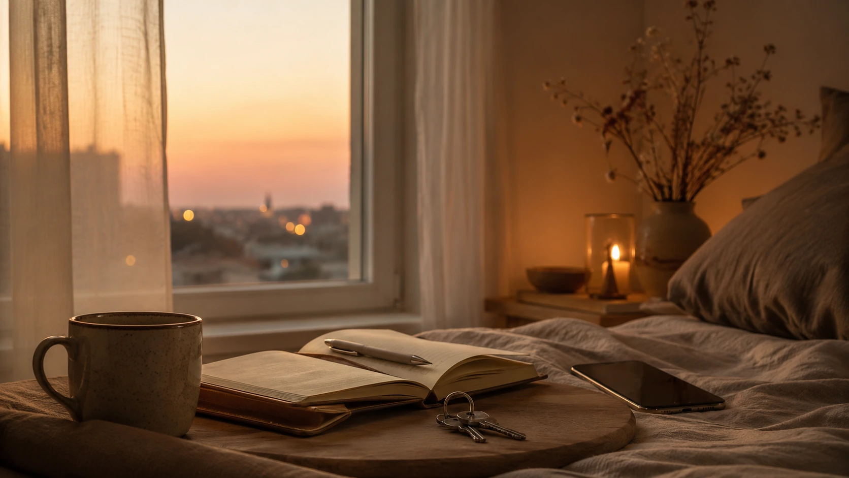móvil, libreta y llaves junto a una cama como símbolo de esperar a alguien que no decide