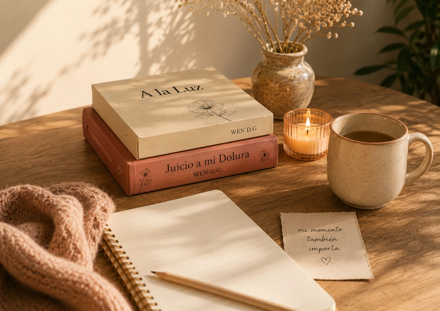 libreta, lápiz, taza y libros A la Luz y Juicio a mi Dolura como símbolo de amor propio real
