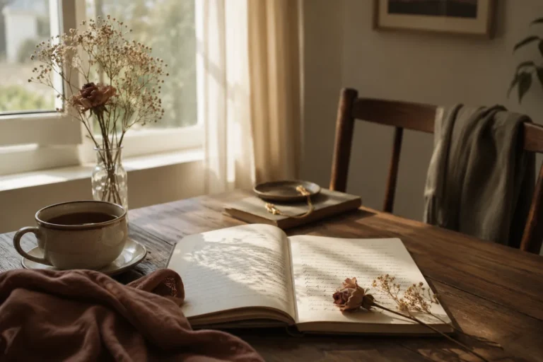 cuaderno abierto con flores secas y una taza junto a una ventana como símbolo de te amo pero me amo más